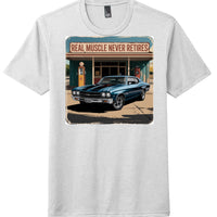 Real Muscle Never Retires graphic on a white perfect tri-blend tee featuring a classic blue muscle car.