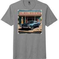 Real Muscle graphic on grey perfect tri-blend tee featuring a classic blue muscle car and retro gas station.