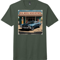 Heathered Forest Green perfect tri-blend tee featuring a vintage car graphic with 'REAL MUSCLE NEVER RETIRES' text.
