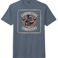 District DM130 Perfect Tri Tee in Navy Frost with 'Carburetors Over Computers' graphic design.