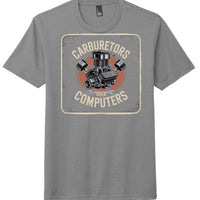 District DM130 Perfect Tri Tee in grey frost with 'Carburetors Over Computers' graphic design.