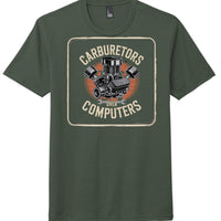 District DM130 Perfect Tri Tee in Heathered Forest Green featuring 'Carburetors Over Computers' graphic design.