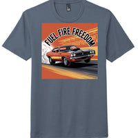Fuel Fire Freedom graphic on navy frost perfect tri tee shirt featuring a classic car design.