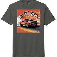 Fuel Fire Freedom graphic on charcoal perfect tri tee shirt featuring classic car design.