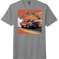 Fuel Fire Freedom graphic on grey District DM130 perfect tri tee shirt featuring a classic car design.