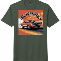 Fuel Fire Freedom graphic on District DM130 Perfect Tri Tee Shirt in Heathered Forest Green