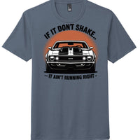 District Perfect Tri Tee in Navy Frost featuring classic car graphic with text: 'If It Don't Shake... It Ain't Running Right'.