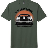 District Perfect Tri Tee in Heathered Forest Green featuring car graphic with text 'If It Don't Shake... It Ain't Running Right'
