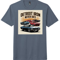 District DM130 Perfect Tri Tee featuring vintage cars with 'Detroit Iron Never Dies' design on navy frost shirt.