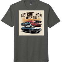 Detroit Iron t-shirt featuring classic cars, charcoal color, District DM130 Perfect Tri Tee.