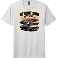 District DM130 Perfect Tri Tee featuring 'Detroit Iron Never Dies' graphic on a light gray shirt.