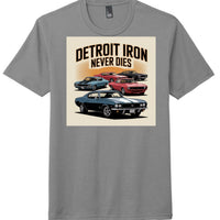 Detroit Iron graphic on a grey District DM130 Perfect Tri Tee featuring classic cars and bold lettering.