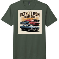 District DM130 Perfect Tri Tee featuring vintage cars and 'Detroit Iron Never Dies' design in Heathered Forest Green.