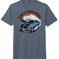 District Perfect Tri Tee in Navy Frost featuring Born to Burn Rubber graphic with blue muscle car design.