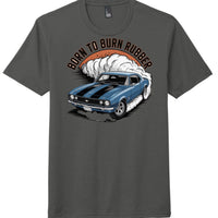 District Perfect Tri Tee in charcoal featuring 'Born to Burn Rubber' graphic with a blue car and tire smoke.