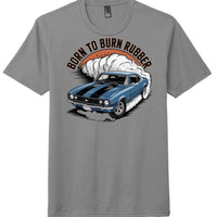 District Perfect Tri Tee depicting a blue muscle car burning rubber on a grey frost t-shirt.