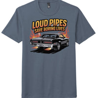 Loud Pipes graphic t-shirt featuring a classic car design on navy frost color, showcasing District DM130 Perfect Tri Tee.