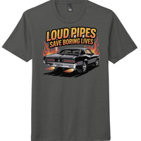 District DM130 Perfect Tri Tee in charcoal featuring 'Loud Pipes Save Boring Lives' graphic with flame design.