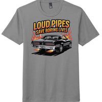 District DM130 Perfect Tri Tee in Grey Frost featuring 'Loud Pipes Save Boring Lives' graphic and classic car design.