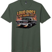 District DM130 Perfect Tri Tee in Heathered Forest Green featuring 'LOUD PIPES SAVE BORING LIVES' graphic.