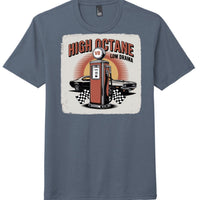 High Octane Tri Blend Tee with retro gas pump and cars design on navy frost fabric.