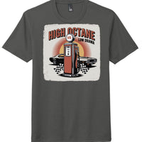 High Octane Tri Blend Tee in charcoal featuring vintage gas pump and classic cars design.