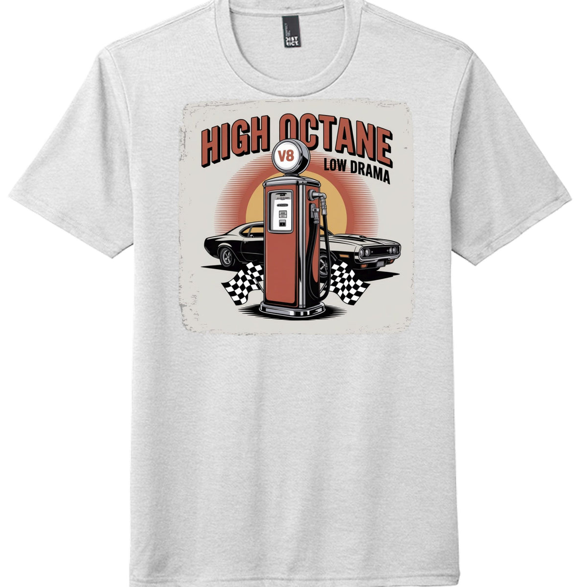 High Octane Tri Blend Tee featuring vintage gas pump graphic on light gray shirt.