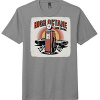 High Octane Tri Blend Tee in Grey Frost featuring vintage gas pump and racing cars graphic design.