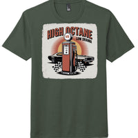 High Octane Tri Blend Tee in Heathered Forest Green featuring vintage gas pump and muscle car graphic.