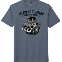 Navy Frost perfect tri blend tee featuring a graphic of a car engine with the text 'Weekend Therapy 427 cubic inches'.