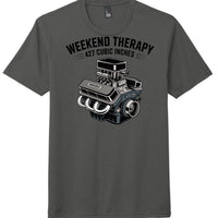 Charcoal perfect tri blend tee with 'Weekend Therapy 427 Cubic Inches' graphic of an engine.
