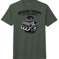 Heathered Forest Green perfect tri blend tee with 427 cubic inches and engine graphic design, perfect for automotive enthusiasts.