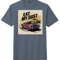 Eat my Dust graphic on District DM130 perfect tri tee in Navy Frost color, featuring classic racing cars.