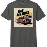 District DM130 perfect tri tee in charcoal featuring 'Eat My Dust' graphic with classic cars.