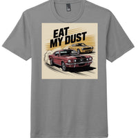 District DM130 perfect tri tee in Grey Frost featuring 'Eat My Dust' graphic with classic cars.