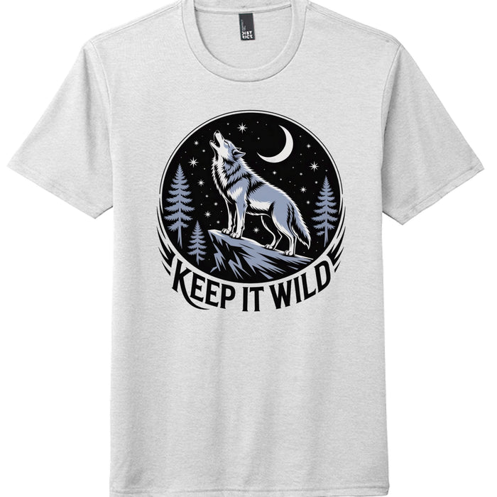 Perfect tri blend tee featuring a wolf graphic and 'Keep it Wild' slogan on a light gray shirt.
