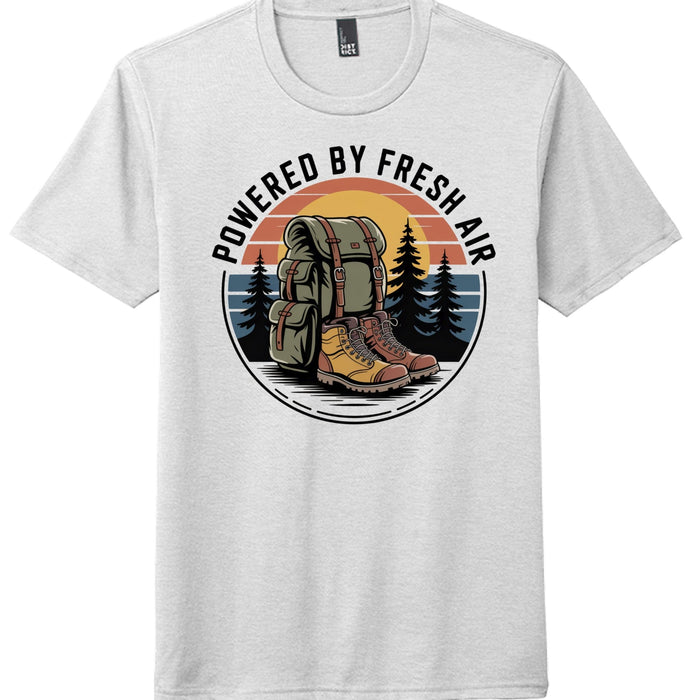 perfect tri tee powered by fresh air featuring a graphic of hiking boots and a backpack with trees in the background.