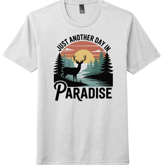 Perfect tri tee shirt featuring a graphic design that reads 'Just Another Day in Paradise' with a deer and scenic landscape.