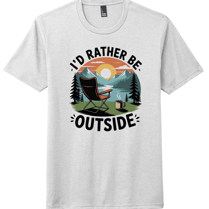 Id Rather Be Outside graphic tee featuring a camping scene with a chair and coffee cup.