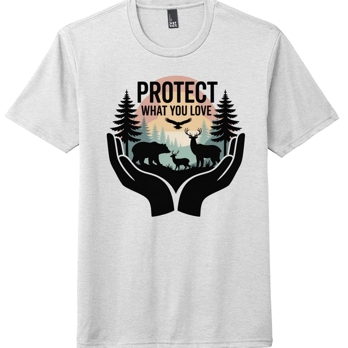 Protect What You Love graphic t-shirt featuring wildlife and nature design in hands.