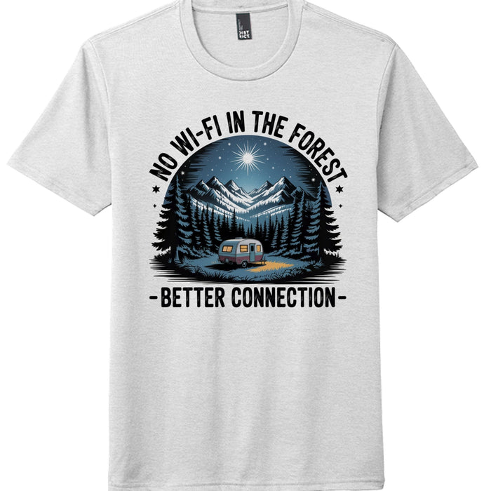 No Wi-FI in the forest themed graphic tee featuring mountains and a camper.