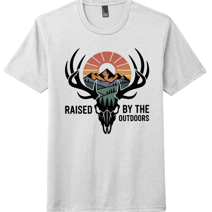 Raised By the Outdoors graphic t-shirt featuring a deer skull design with mountains and sunset.