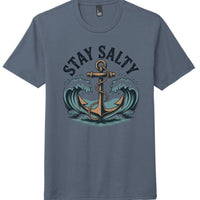 Stylish blue District Perfect Tri Tee with 'Stay Salty' design featuring an anchor and waves for casual wear.