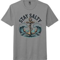 District Perfect Tri Tee in gray with an anchor design and the words 'Stay Salty' above waves.