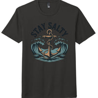 District Perfect Tri Tee featuring a vintage anchor and ocean waves design with the phrase 'Stay Salty'.
