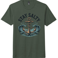 District Perfect Tri Tee featuring an anchor and waves design with the phrase 'STAY SALTY' in stylish font.