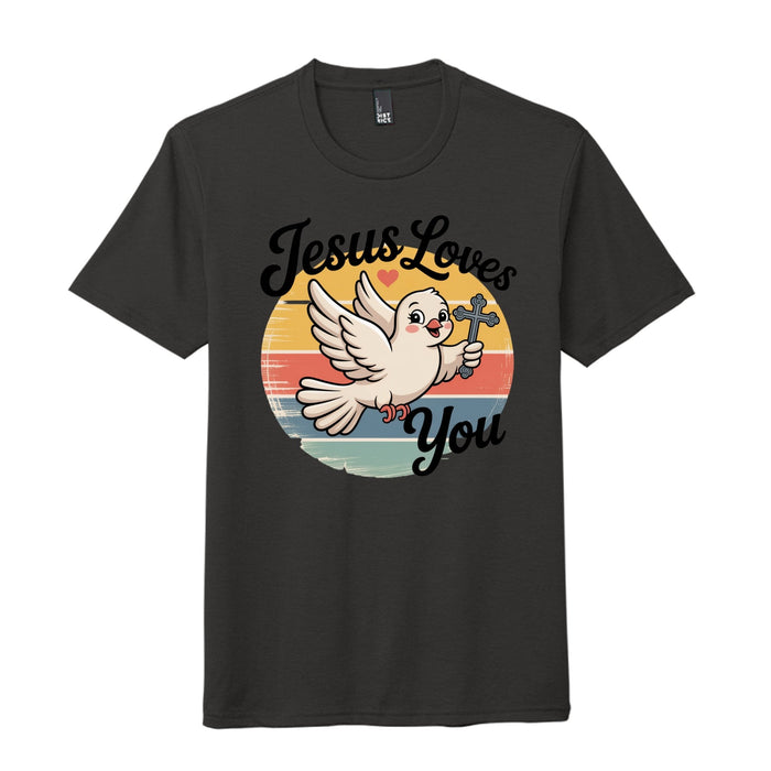 Jesus loves you t-shirt featuring a dove and cross design on a dark background.