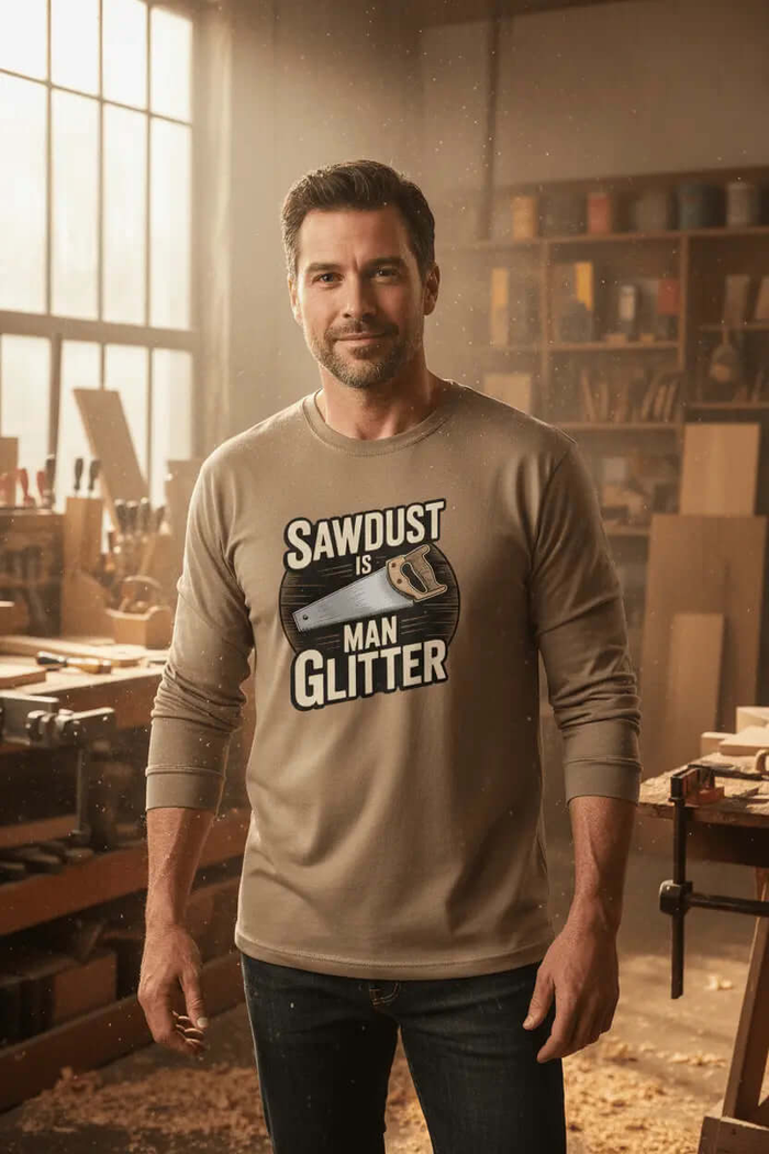 Sawdust is Man Glitter Shirt on a Man